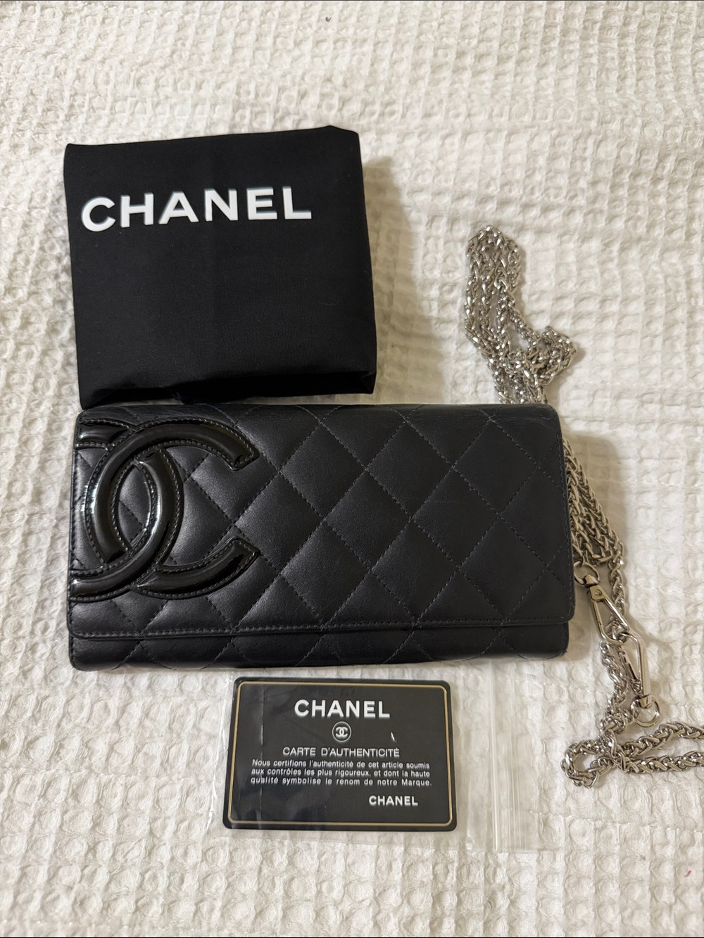 CHANEL Black Quilted Leather  Wallet with Silver Chain (not original chain)